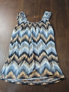 Carol Rose Chevron Ruffle Strap Tank Top - Blue, Tan, Black, Cream